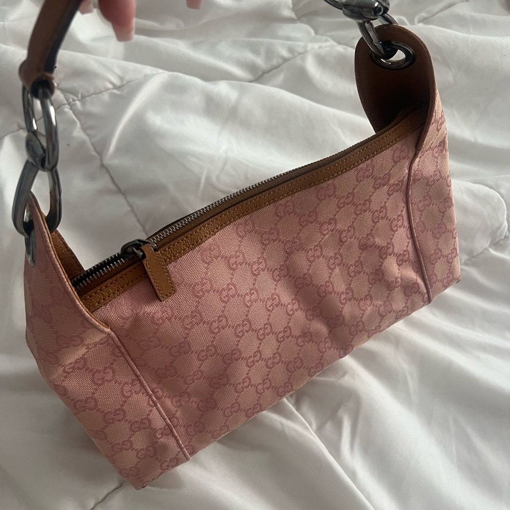 Gucci Horsebit Strap Hobo Shoulder Bag in Pink GG Canvas and Brown Leather - Picture 2 of 10